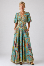 Maxi-jurk met pofmouwen, V-hals en vloeiende rok