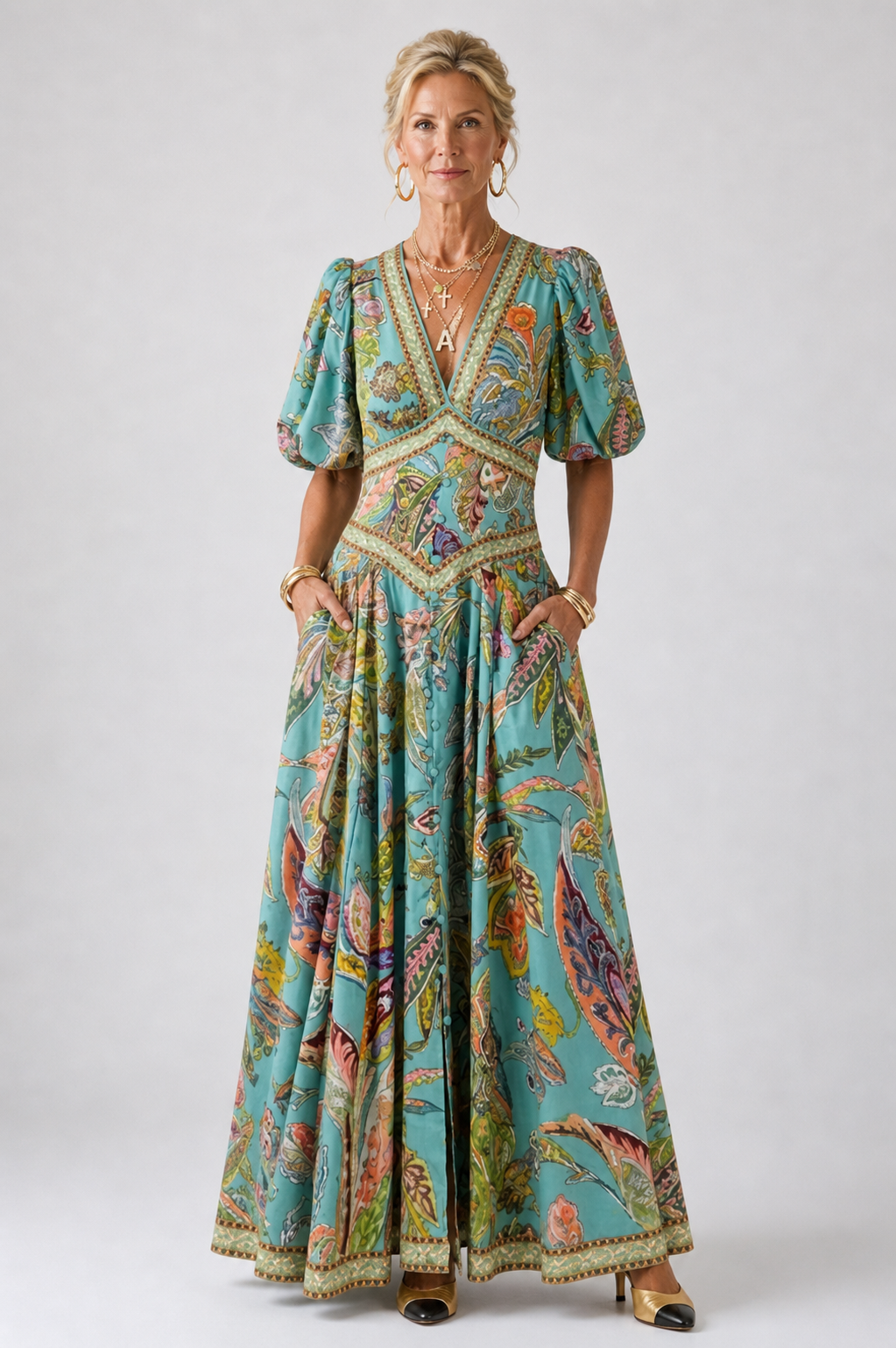 Maxi-jurk met pofmouwen, V-hals en vloeiende rok