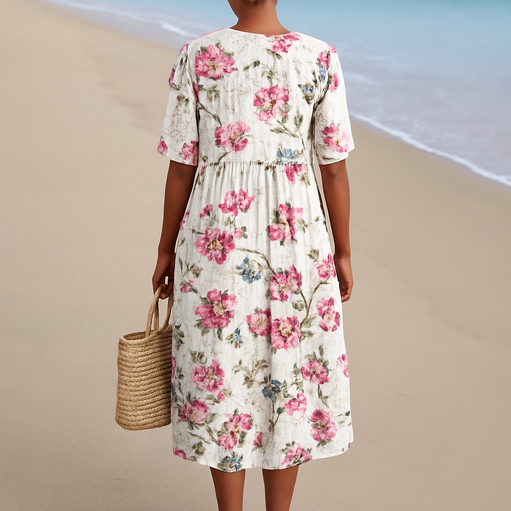 Midi-jurk met bloemenprint, gerimpelde taille en zachte mouwen