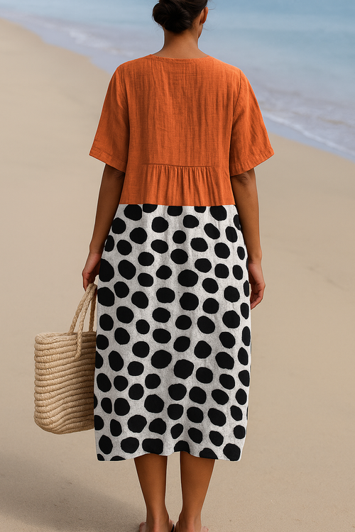 Colourblock jurk met stippenrok en losse zomerse pasvorm