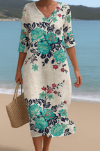 Maxi-jurk met bloemenprint, driekwartmouwen en soepele snit
