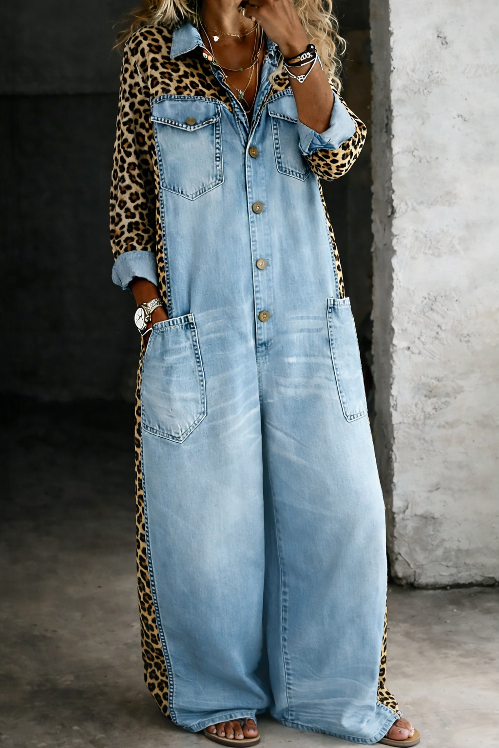 Denim Shirt Style Jumpsuit with Collar and Relaxed Cut