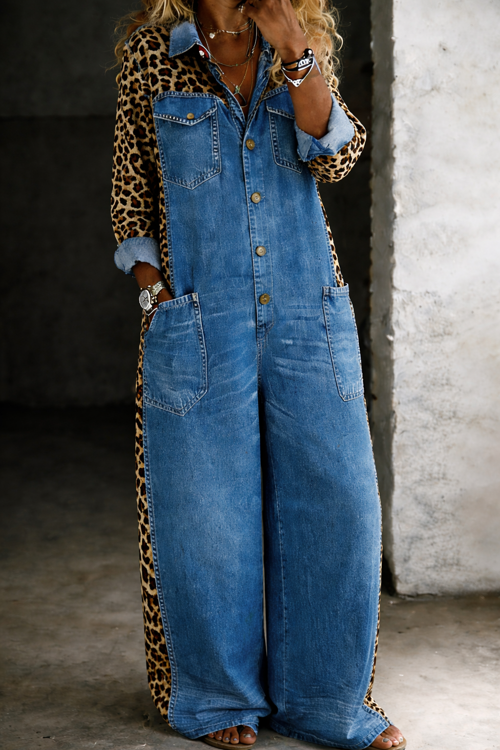 Denim Shirt Style Jumpsuit with Collar and Relaxed Cut