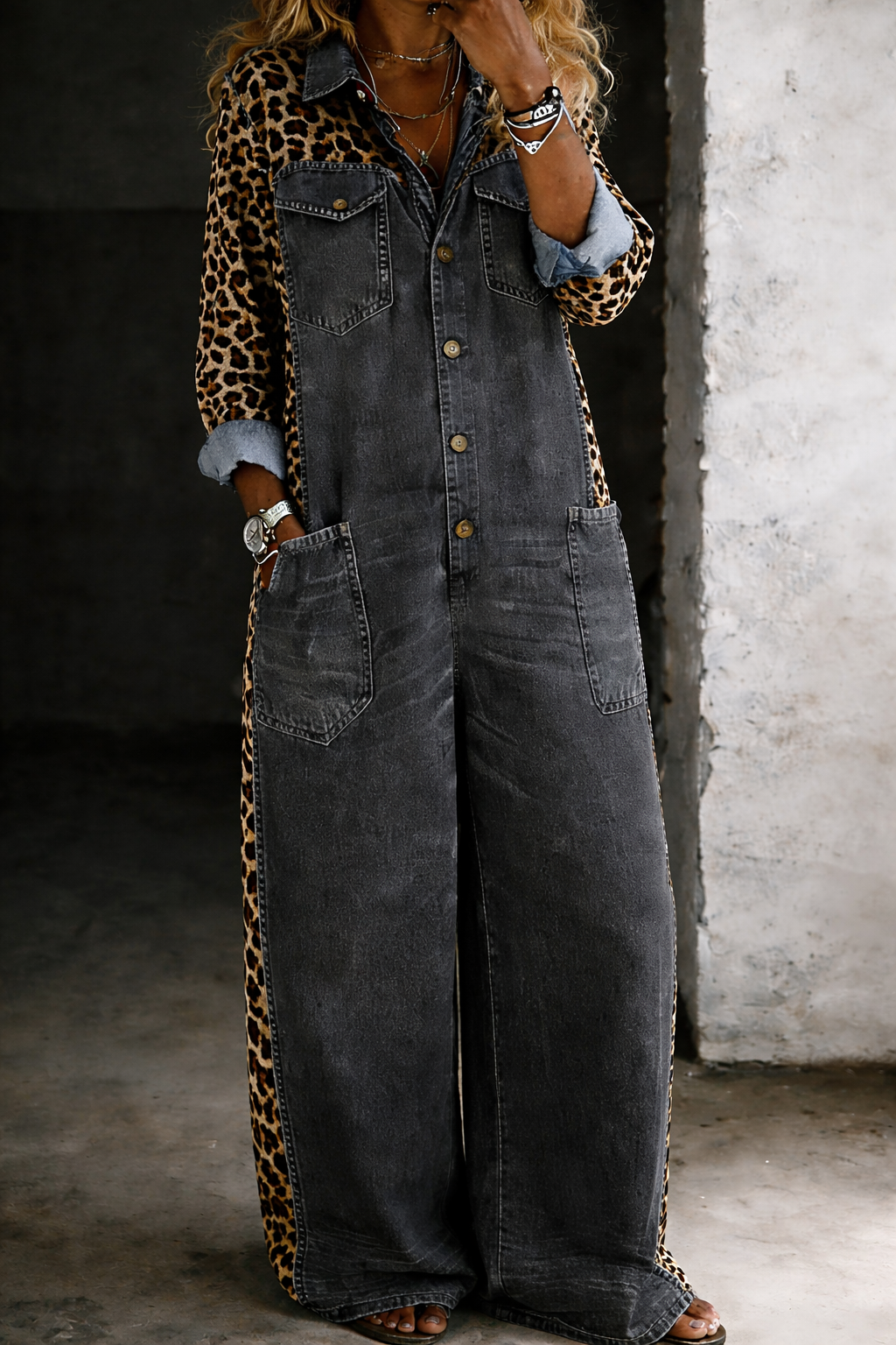 Denim Shirt Style Jumpsuit with Collar and Relaxed Cut