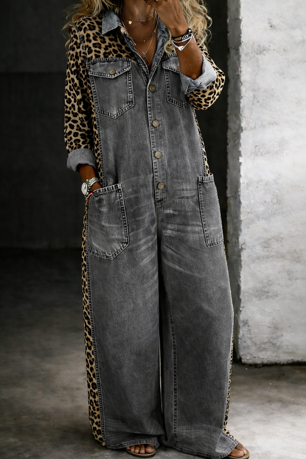 Denim Shirt Style Jumpsuit with Collar and Relaxed Cut
