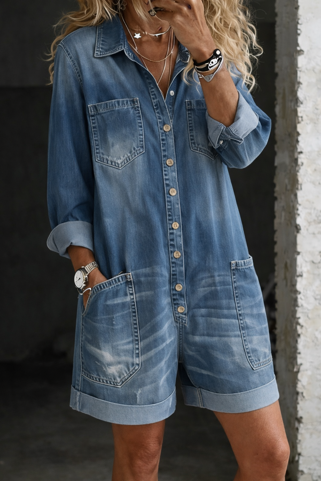 Denim Jumpsuit with Short Legs and a Relaxed Casual Fit
