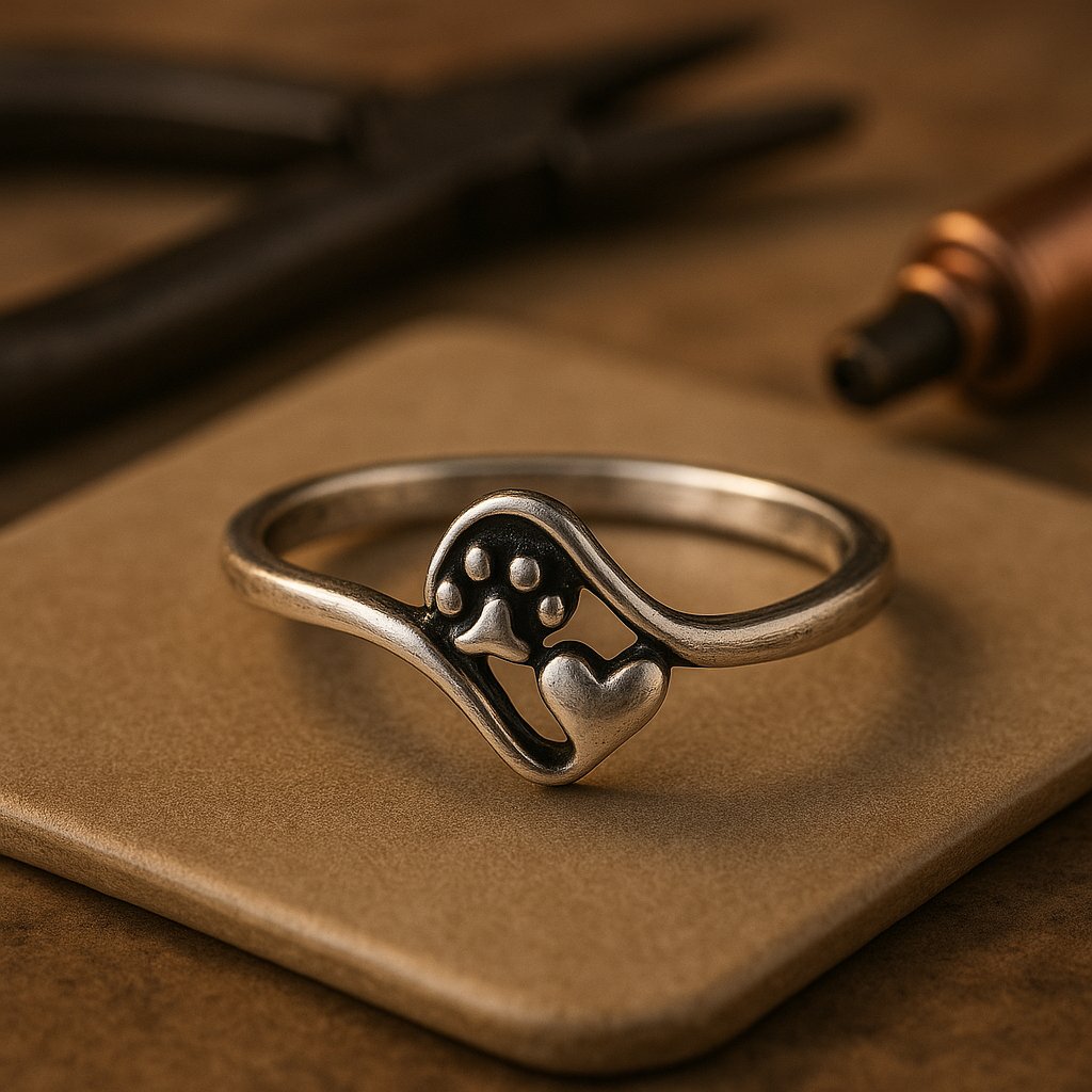 Zilverkleurige ring met pootafdruk en hartmotief in vintagestijl