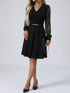 Lace Sleeve Midi Dress with Slim Belt and Flared Skirt
