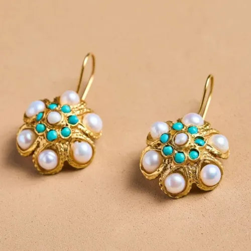 Turquoise and Pearl Gold-Plated Flower Earrings