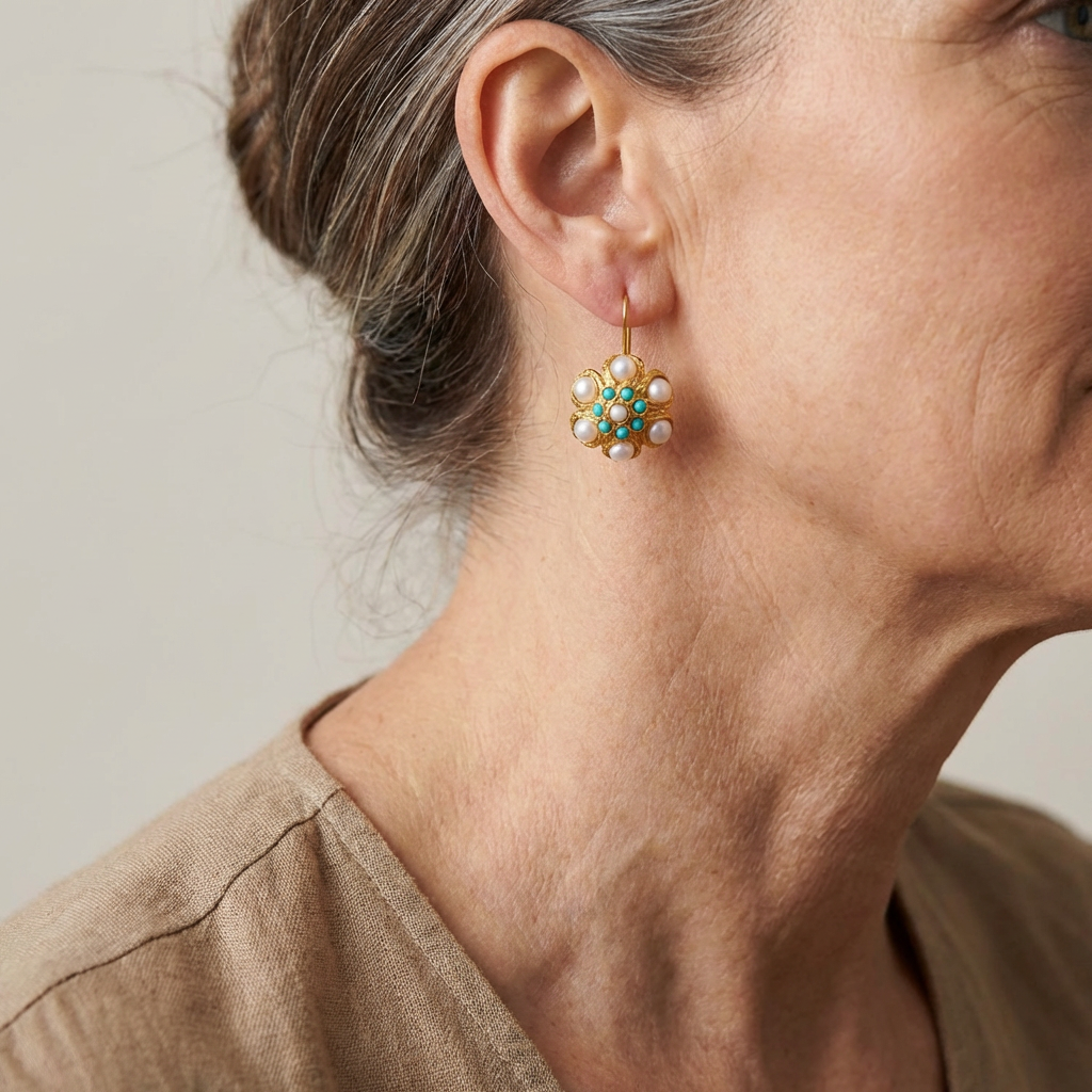 Turquoise and Pearl Gold-Plated Flower Earrings