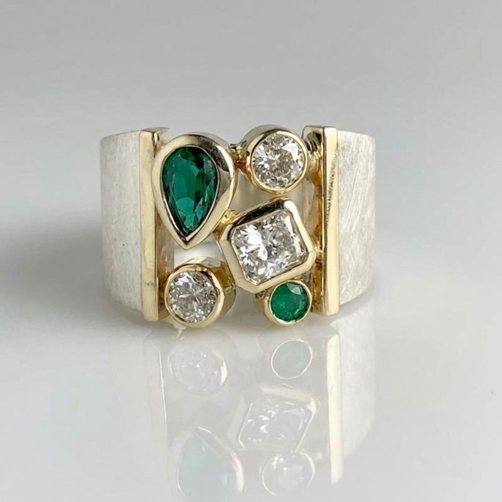 Classic White and Green Zirconia Wide Ring