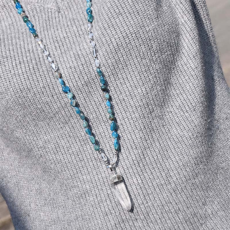 Blue Apatite and Clear Quartz Crystal Necklace