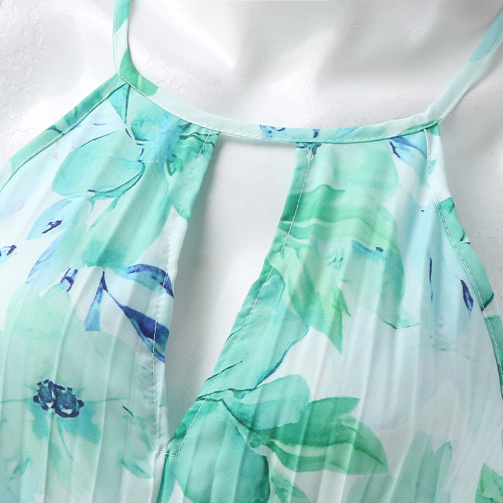 Floral Sleeveless Halter Neck Pleated Maxi Dress