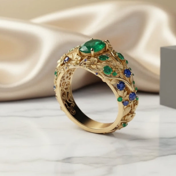 Green and Blue Crystal Gold-Tone Ring