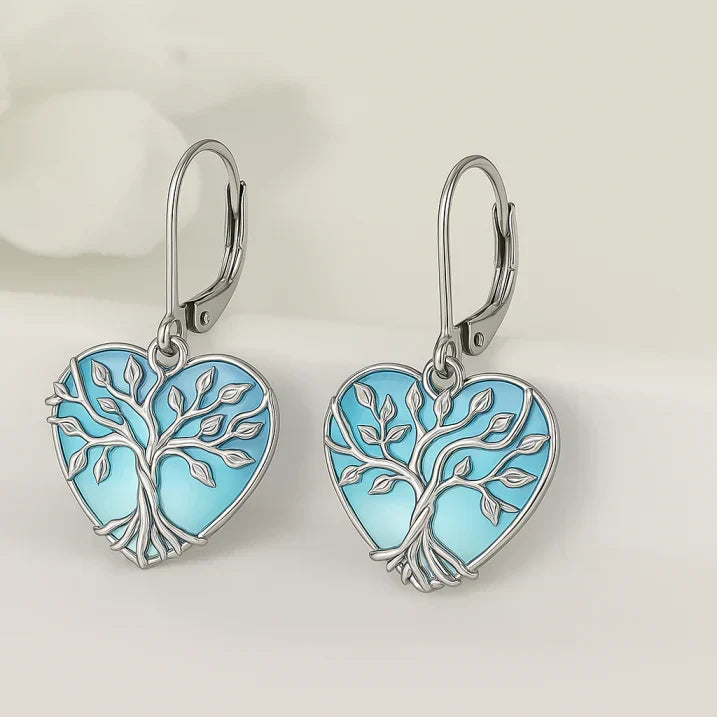 Blue Heart Tree of Life Drop Earrings