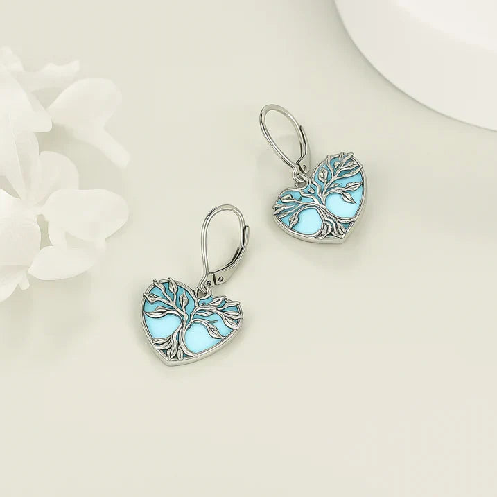 Blue Heart Tree of Life Drop Earrings