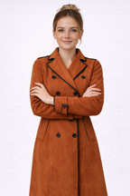 Double Breasted Suede Coat with Black Trim and Lapel Collar