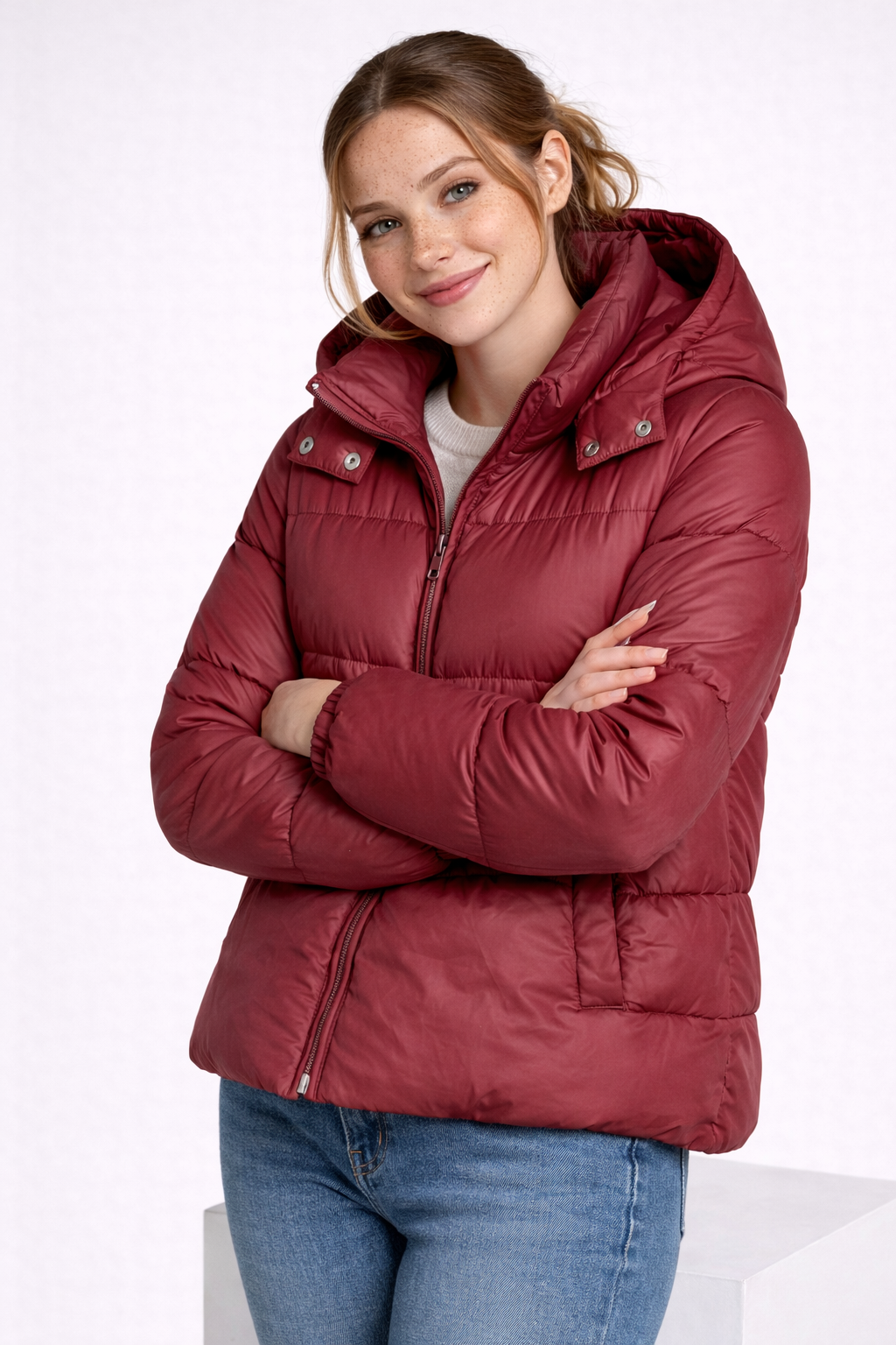 Two-Tone Quilted Hooded Coat with Stand Collar and Zip