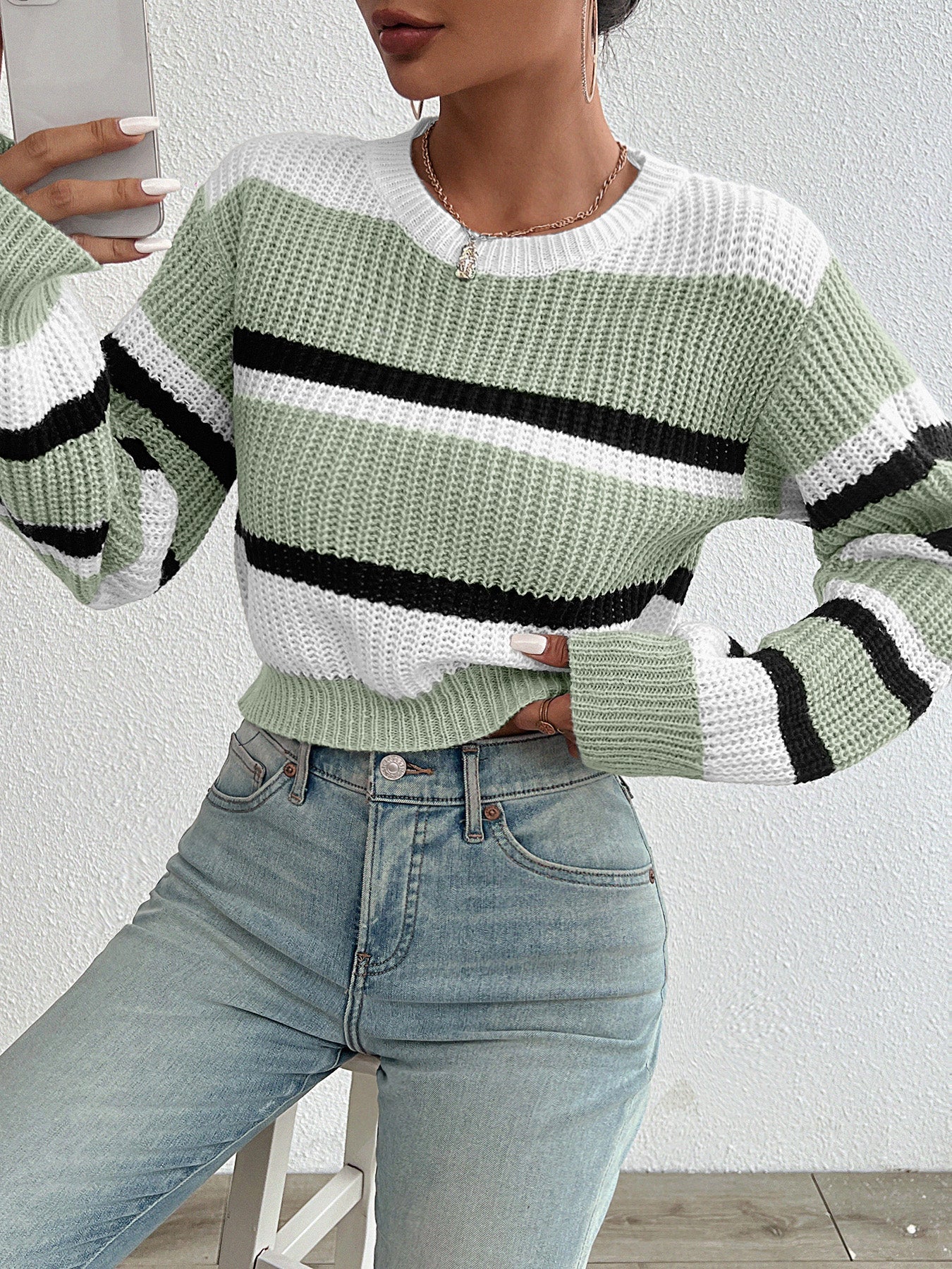 Striped Knit Jumper with Crew Neck and Elasticated Cuffs
