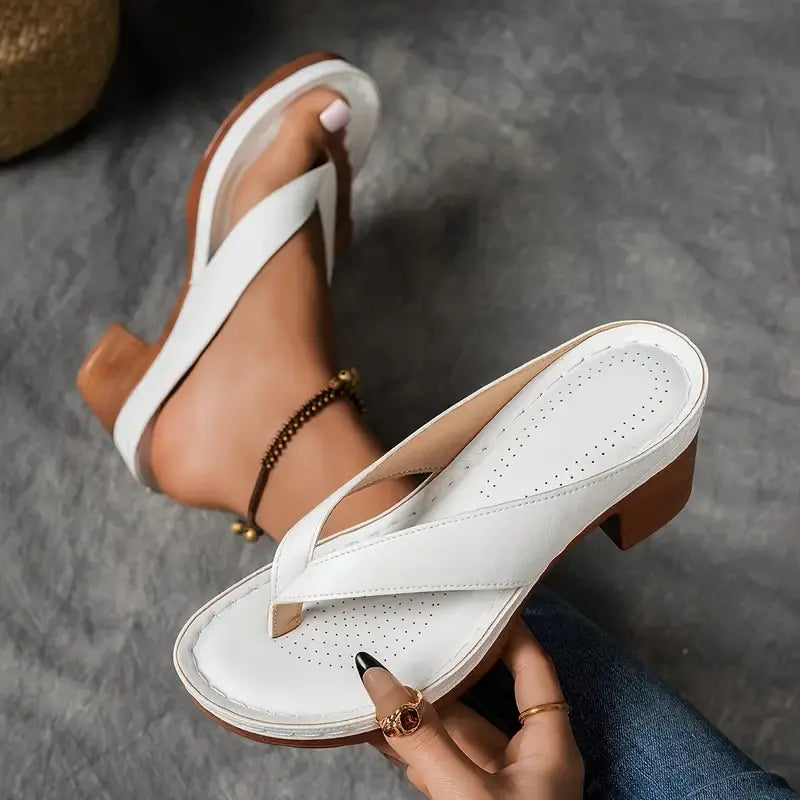 Faux Leather Platform Thong Sandals with Block Heel