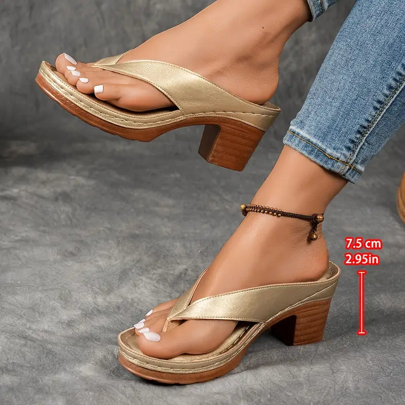 Faux Leather Platform Thong Sandals with Block Heel