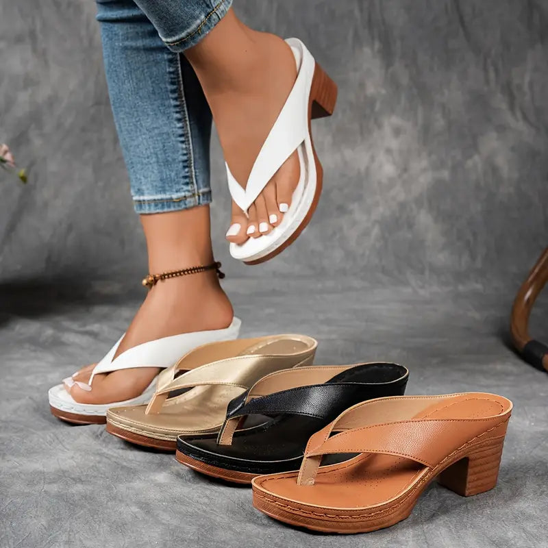 Faux Leather Platform Thong Sandals with Block Heel