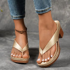 Faux Leather Platform Thong Sandals with Block Heel