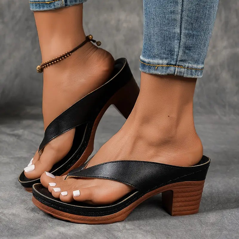 Faux Leather Platform Thong Sandals with Block Heel