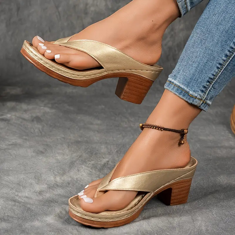 Faux Leather Platform Thong Sandals with Block Heel
