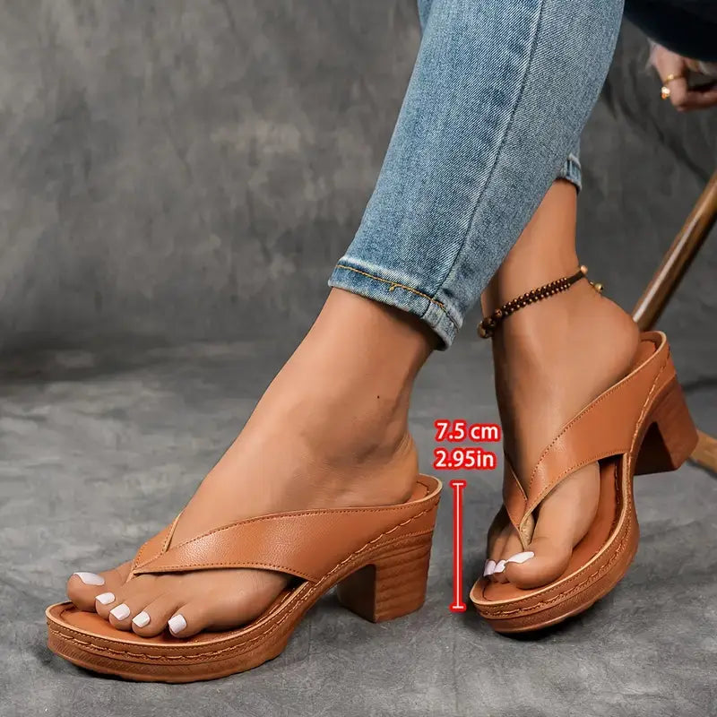 Faux Leather Platform Thong Sandals with Block Heel