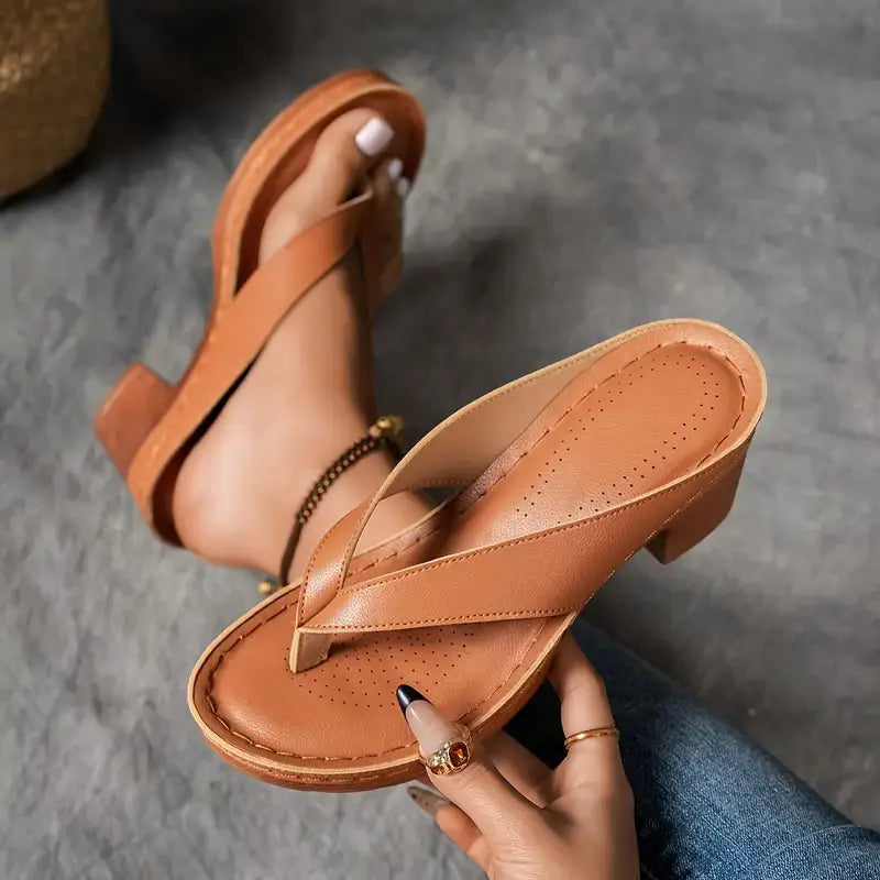 Faux Leather Platform Thong Sandals with Block Heel