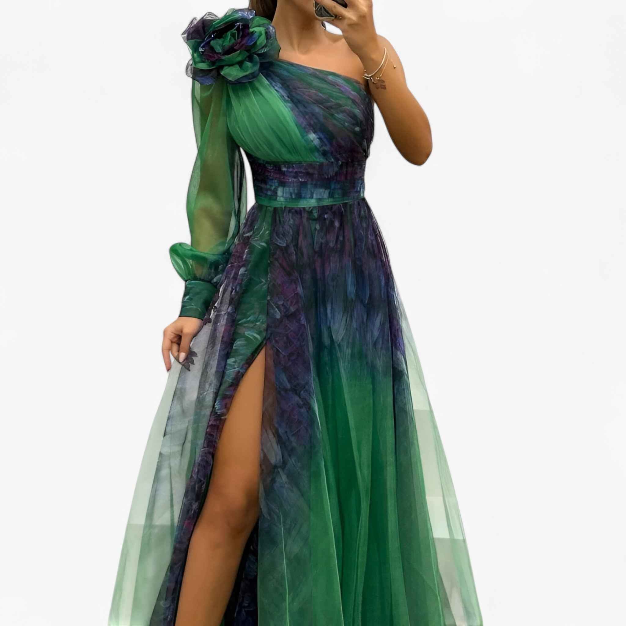 Asymmetrische one-shoulder maxi-jurk met tule laag