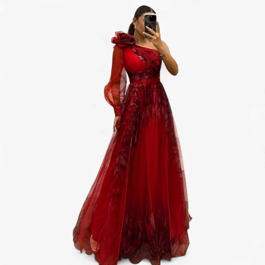Asymmetrische one-shoulder maxi-jurk met tule laag
