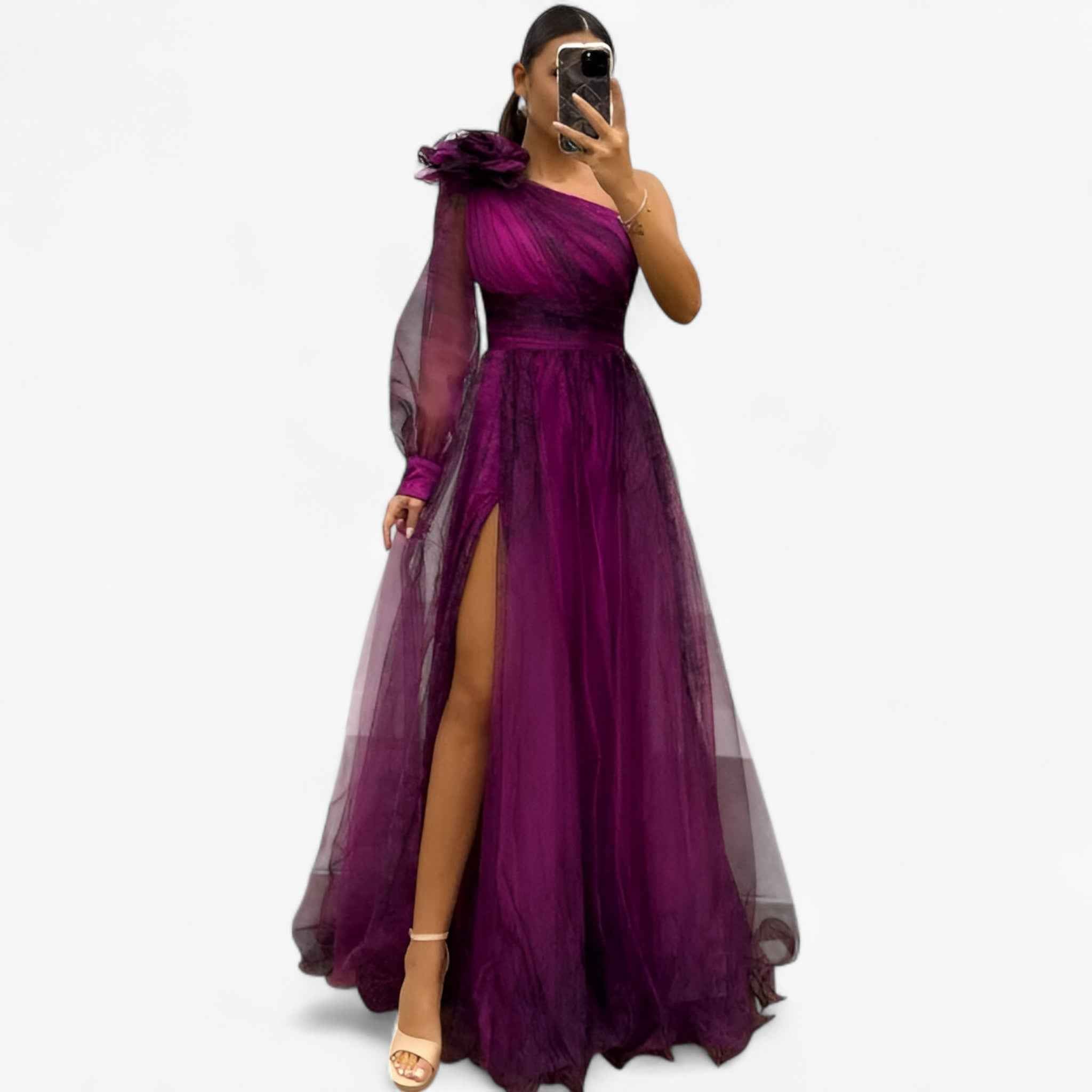 Asymmetrische one-shoulder maxi-jurk met tule laag