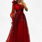Asymmetrische one-shoulder maxi-jurk met tule laag
