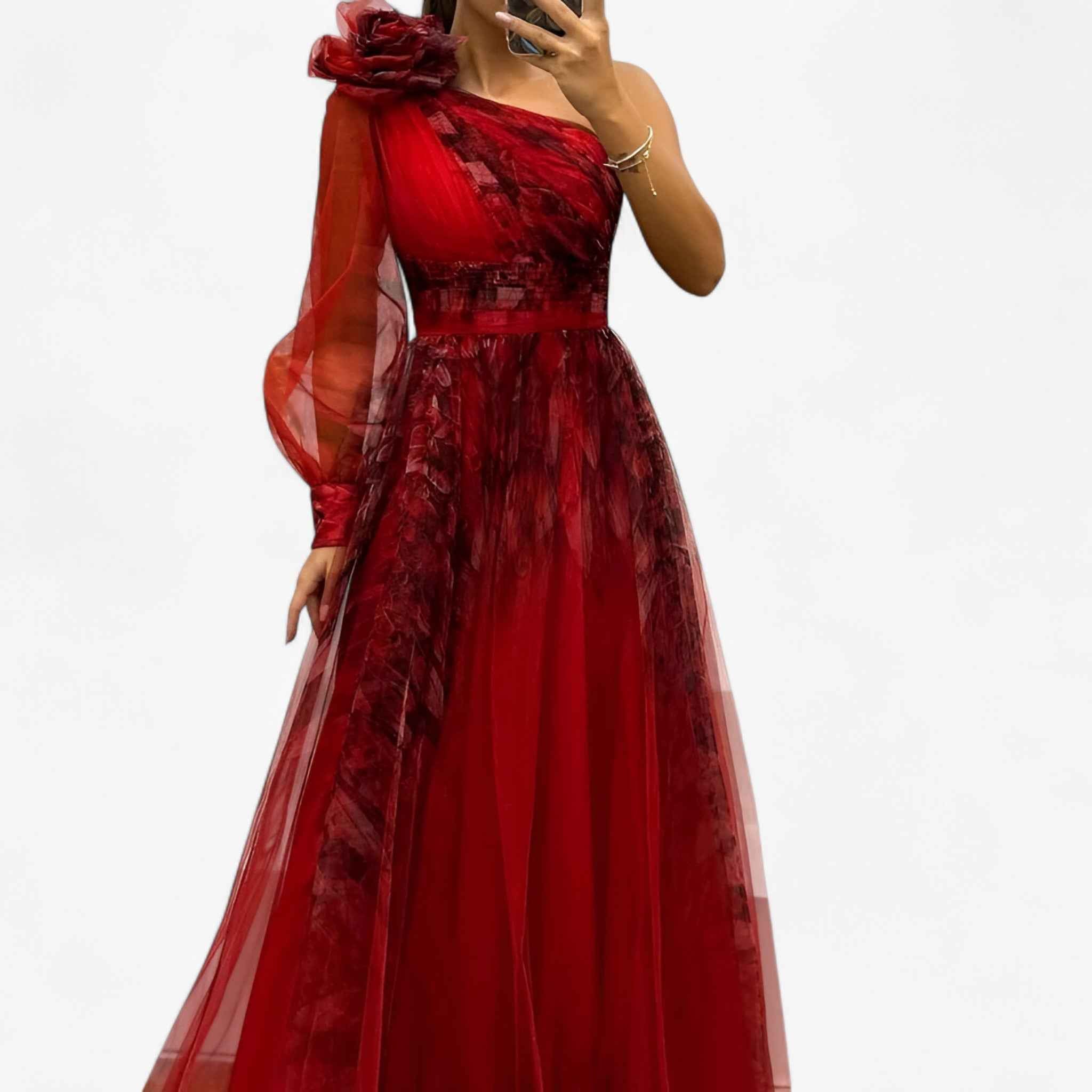 Asymmetrische one-shoulder maxi-jurk met tule laag