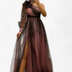 Asymmetrische one-shoulder maxi-jurk met tule laag