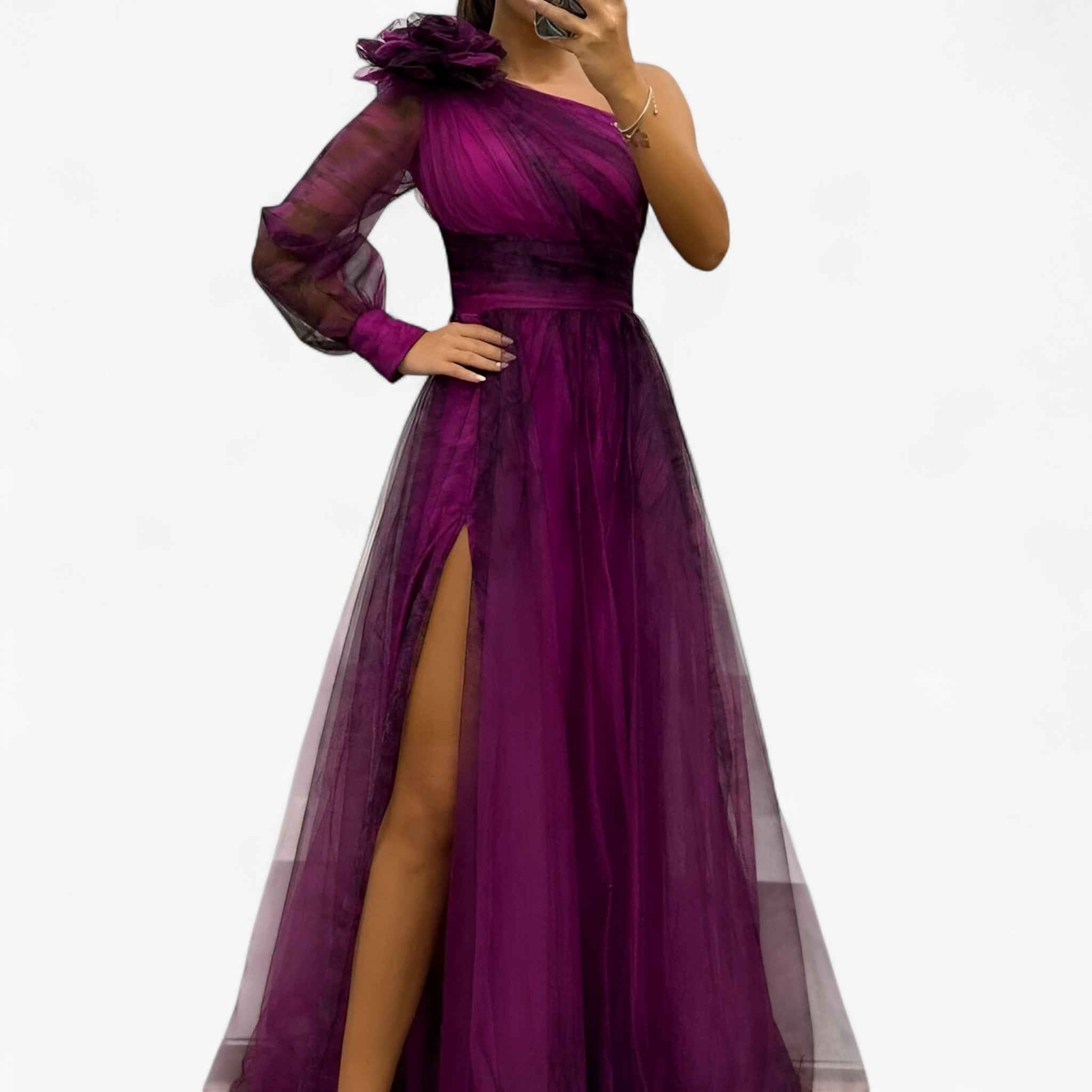 Asymmetrische one-shoulder maxi-jurk met tule laag