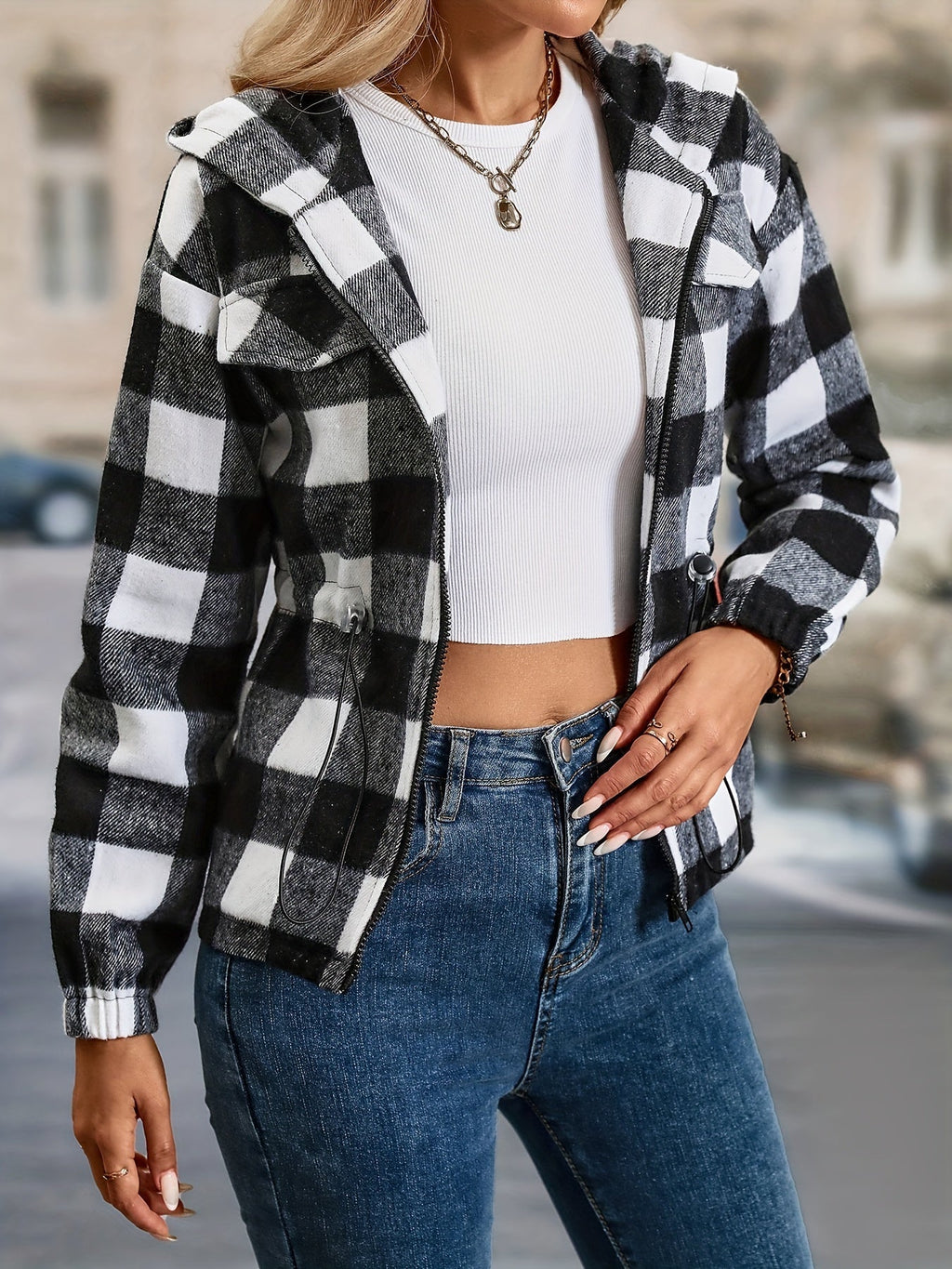 Patterned Hooded Jacket with a Relaxed Casual Silhouette