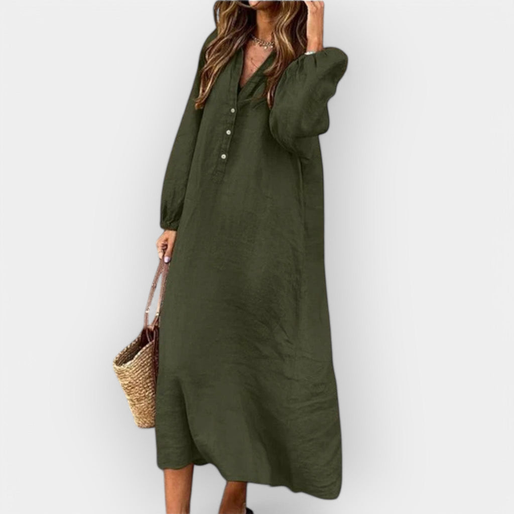 Knee Length Linen Dress with Short Sleeves and Soft Drape