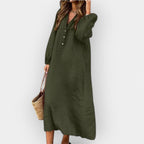 Knee Length Linen Dress with Short Sleeves and Soft Drape