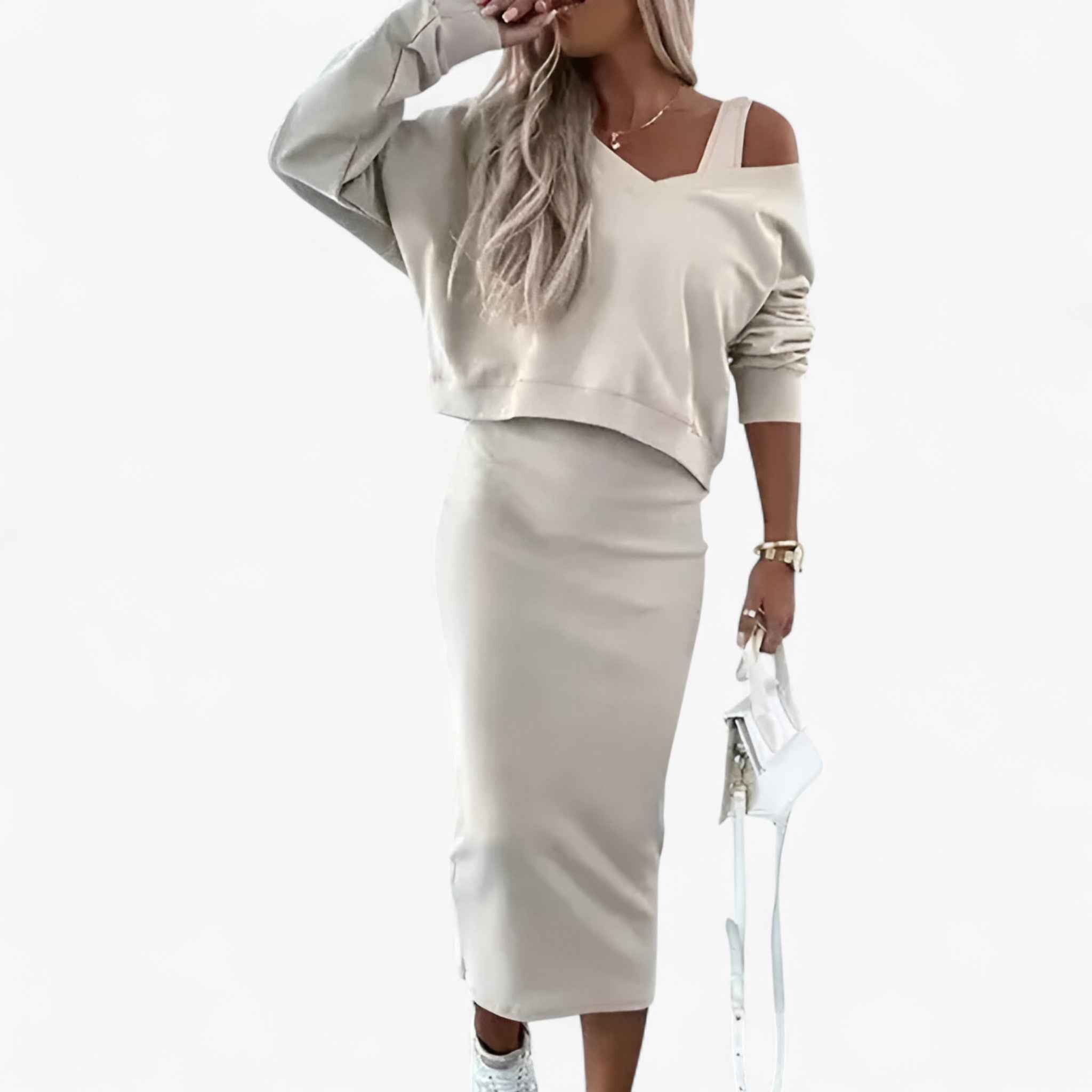 Two Piece Jumper and Dress Set with a Flattering V Neck