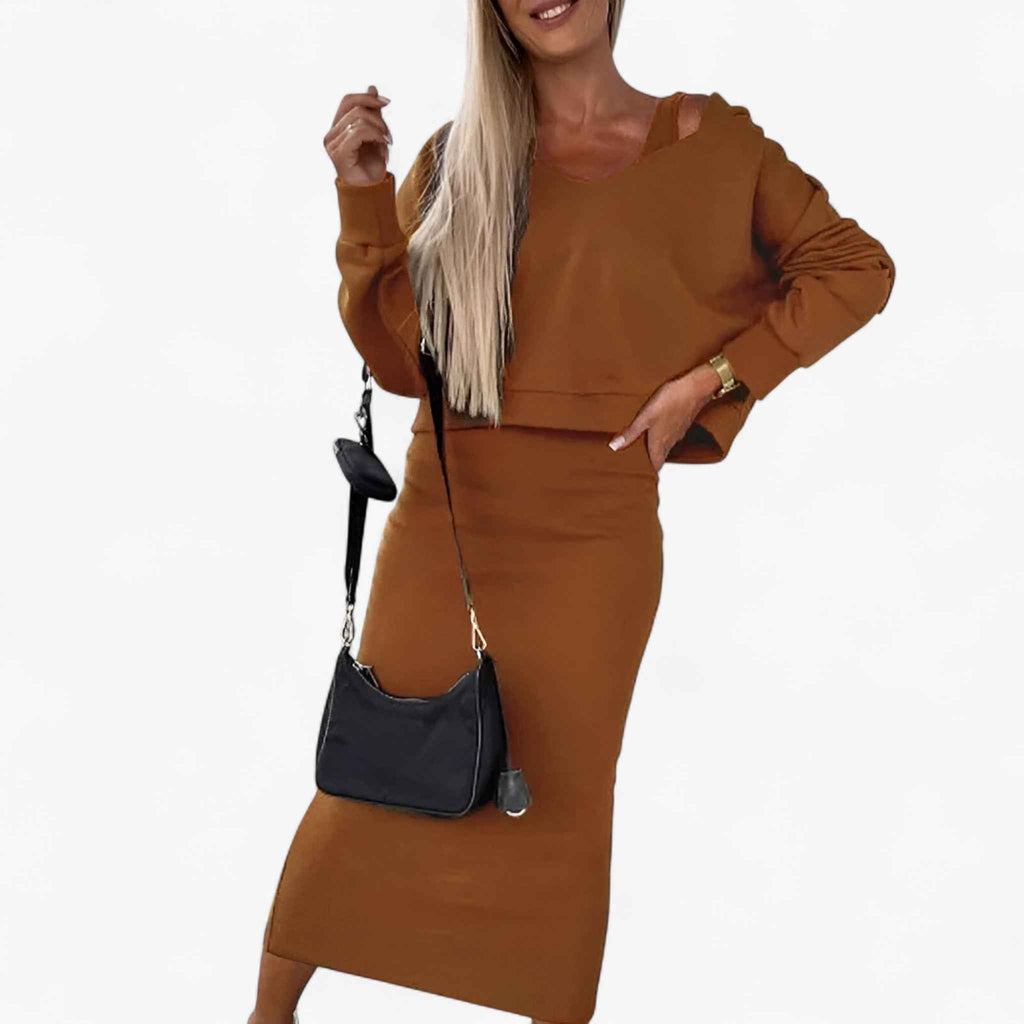 Two Piece Jumper and Dress Set with a Flattering V Neck