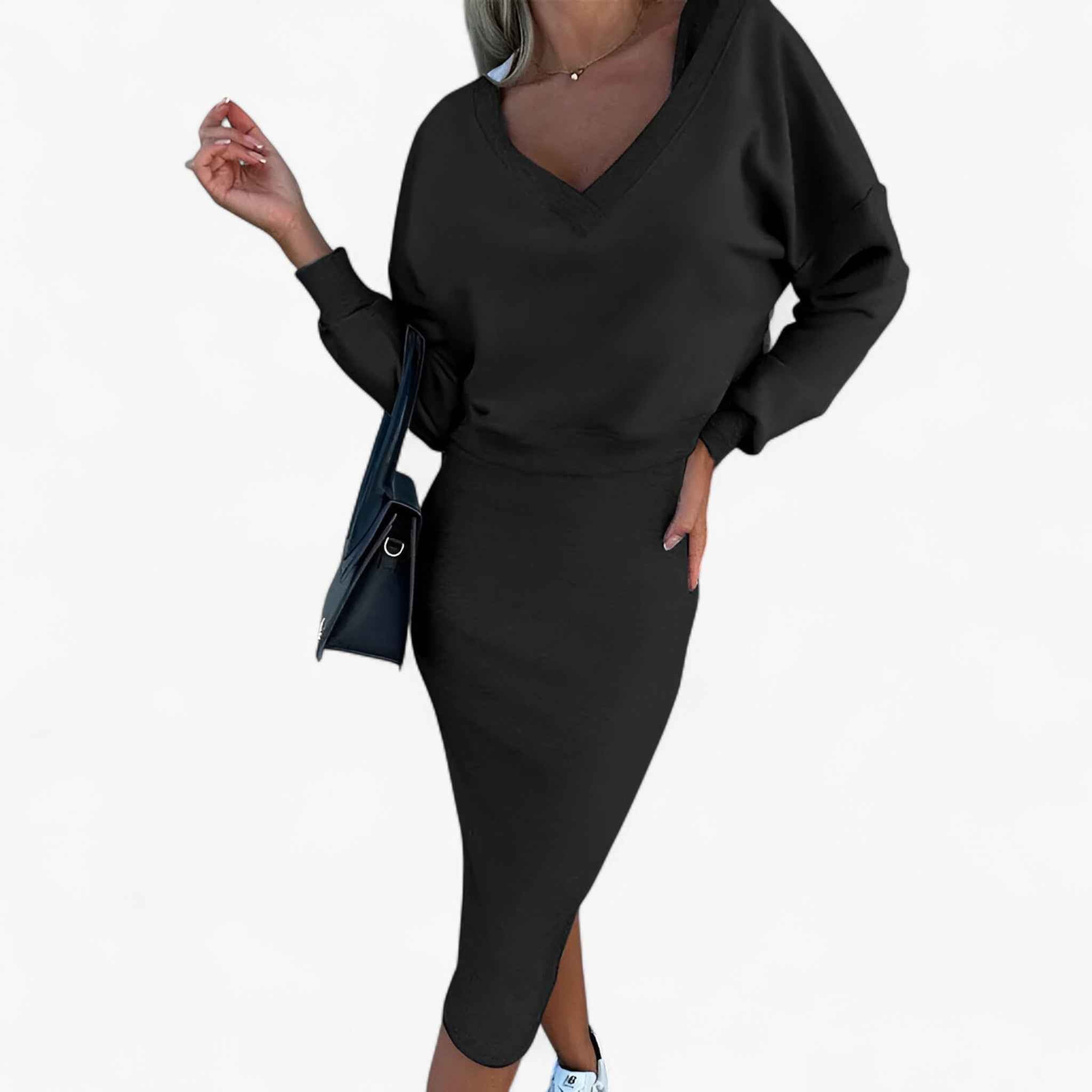 Two Piece Jumper and Dress Set with a Flattering V Neck