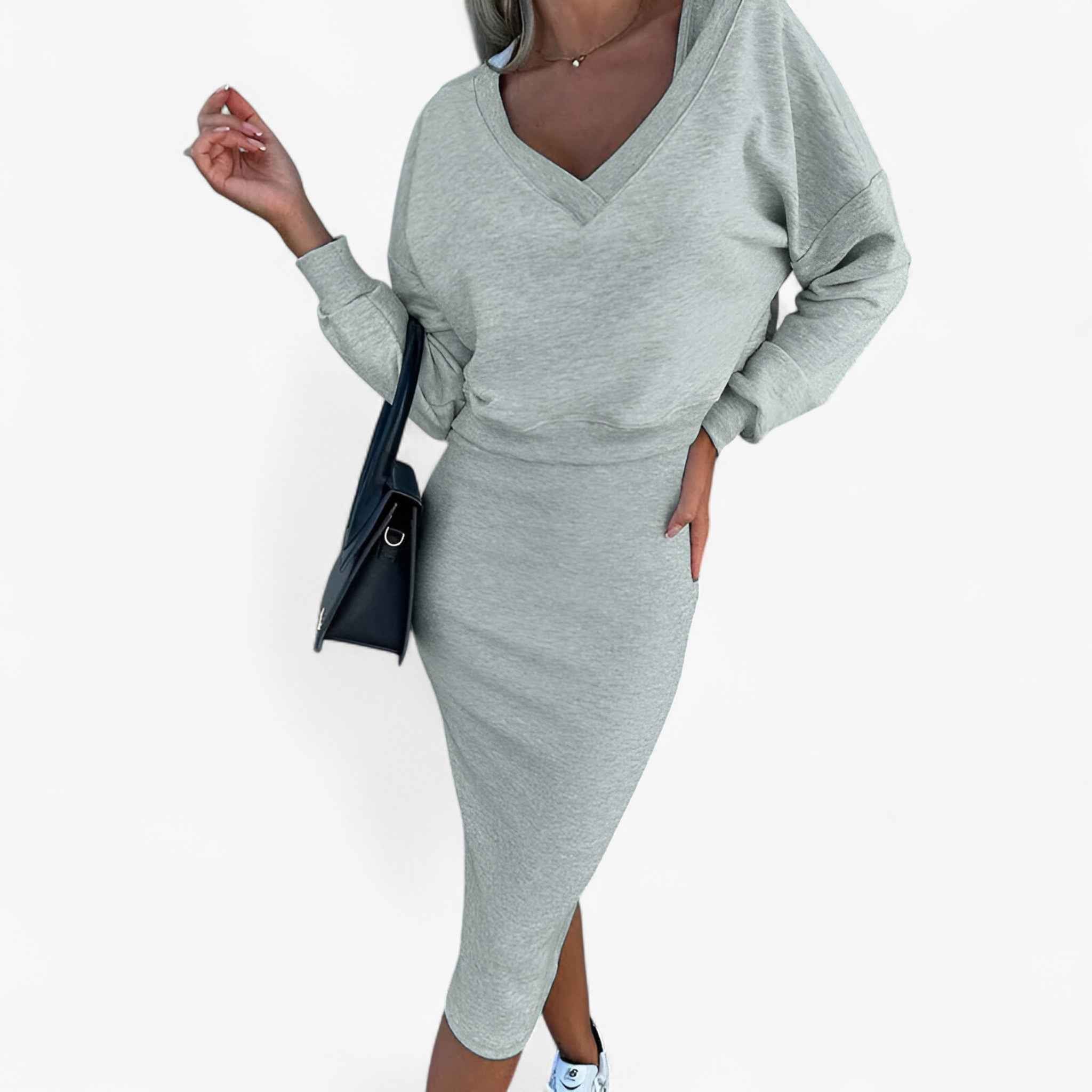 Two Piece Jumper and Dress Set with a Flattering V Neck
