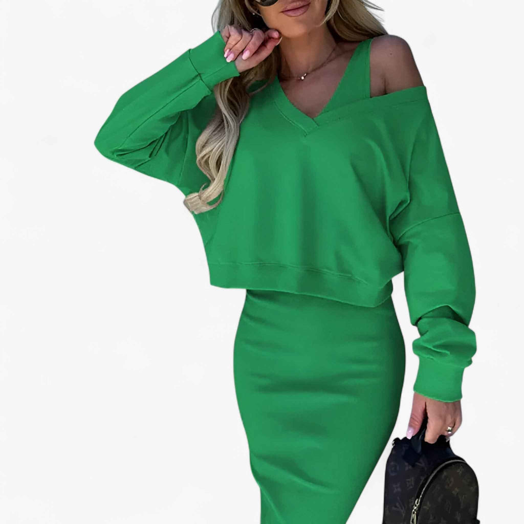 Two Piece Jumper and Dress Set with a Flattering V Neck