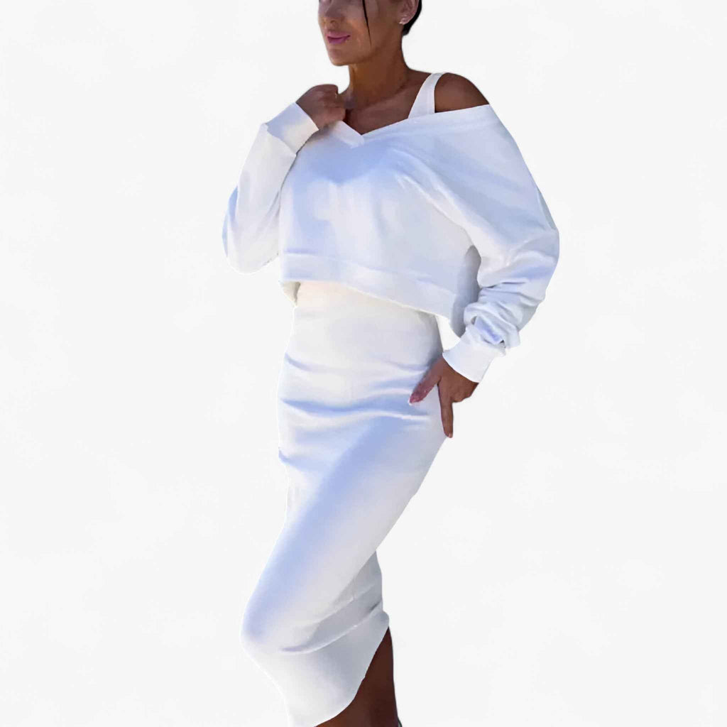 Two Piece Jumper and Dress Set with a Flattering V Neck