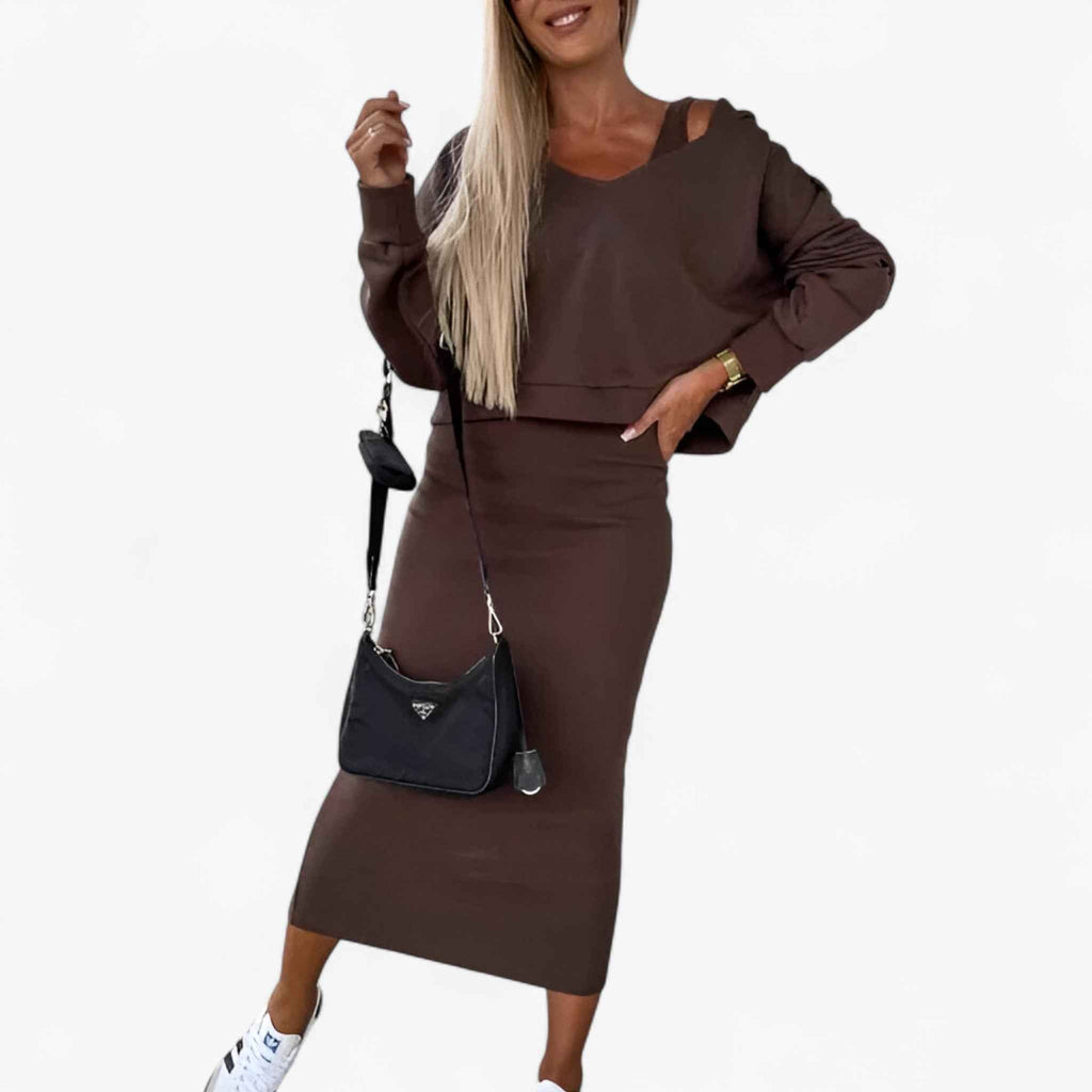 Two Piece Jumper and Dress Set with a Flattering V Neck
