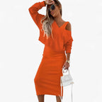 Two Piece Jumper and Dress Set with a Flattering V Neck