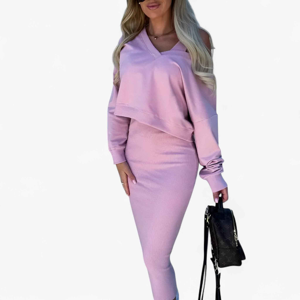 Two Piece Jumper and Dress Set with a Flattering V Neck